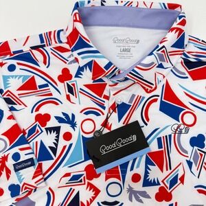 Good Good Golf Proud True Polo Mens Large White Red Blue‎ Geometric Print NEW